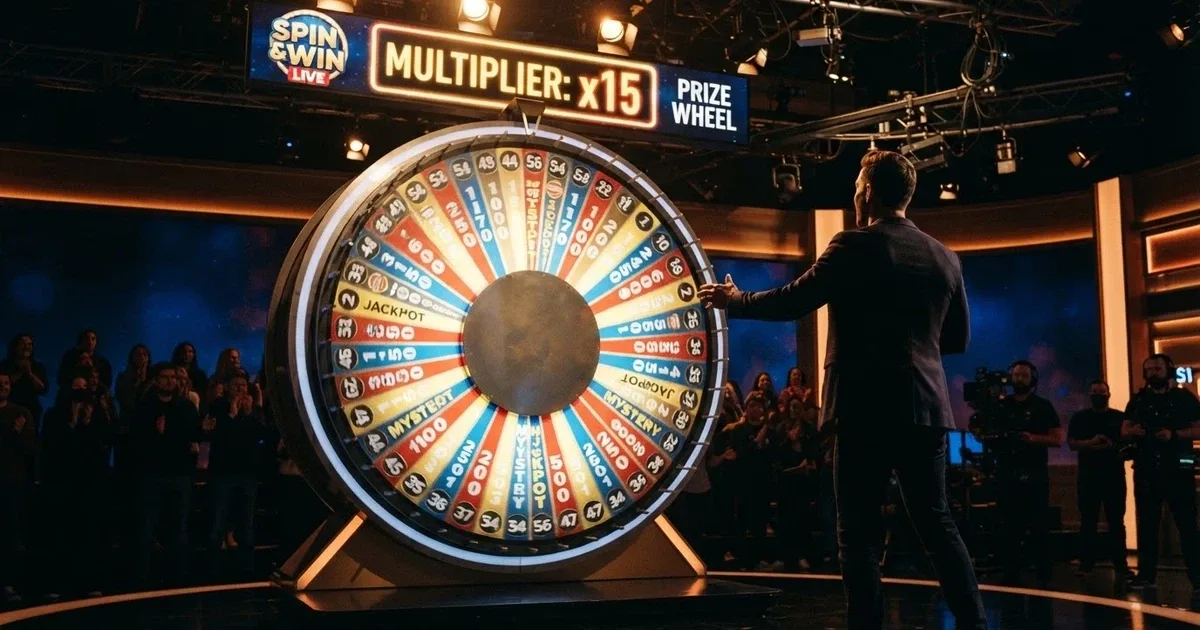 Rueda de Crazy Time en un estudio de casino en vivo con presentador, luces y marcador digital de multiplicadores