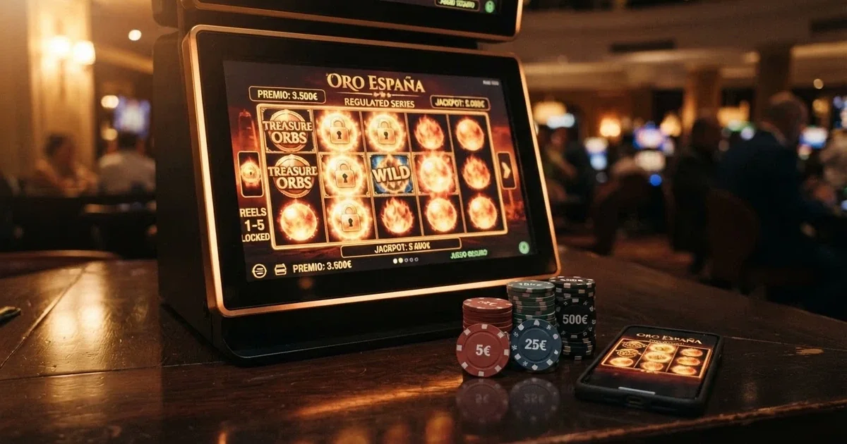 Una cuadrícula de tragaperras con símbolos Fire Blaze iluminados en pantalla, fichas de casino y un móvil mostrando la interfaz de juego