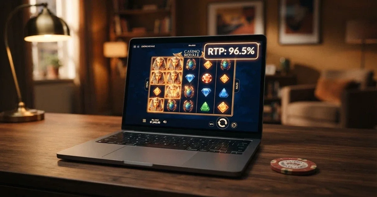 Interfaz de un casino online español con el porcentaje de RTP visible en pantalla junto a una cuadrícula de tragaperras