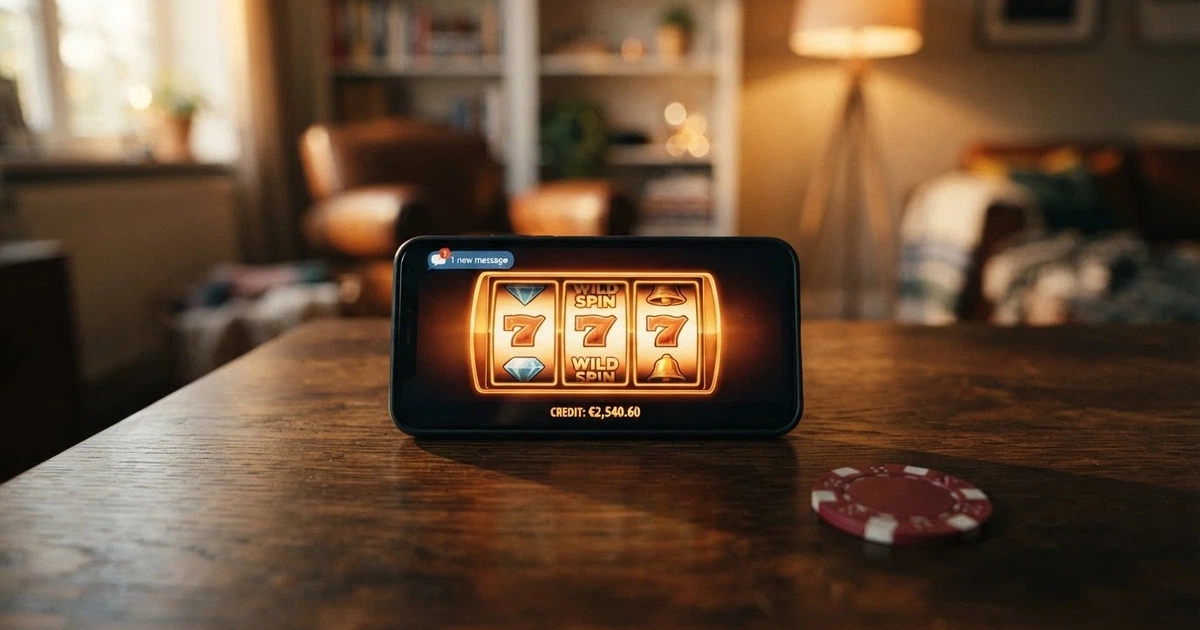 Un teléfono móvil mostrando la pantalla de un casino online en español, con el icono de un mensaje SMS y el símbolo del euro junto al botón de depósito