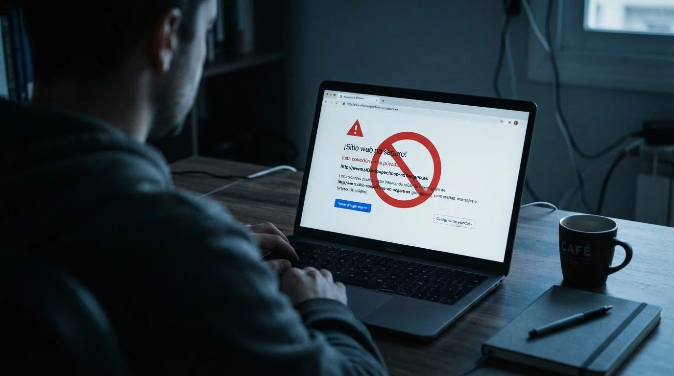 Pantalla de casino online con una alerta de seguridad y el símbolo de prohibición sobre el dominio web