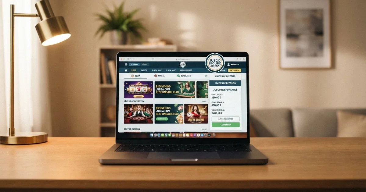 Pantalla de inicio de un casino online con dominio .es mostrando los sellos de juego seguro y los indicadores de límites de depósito