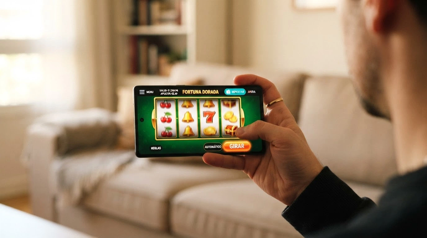 Mano sujetando un teléfono en horizontal con una interfaz de casino HTML5 mostrando una tragaperras en marcha y el icono de TRX en la barra de depósito