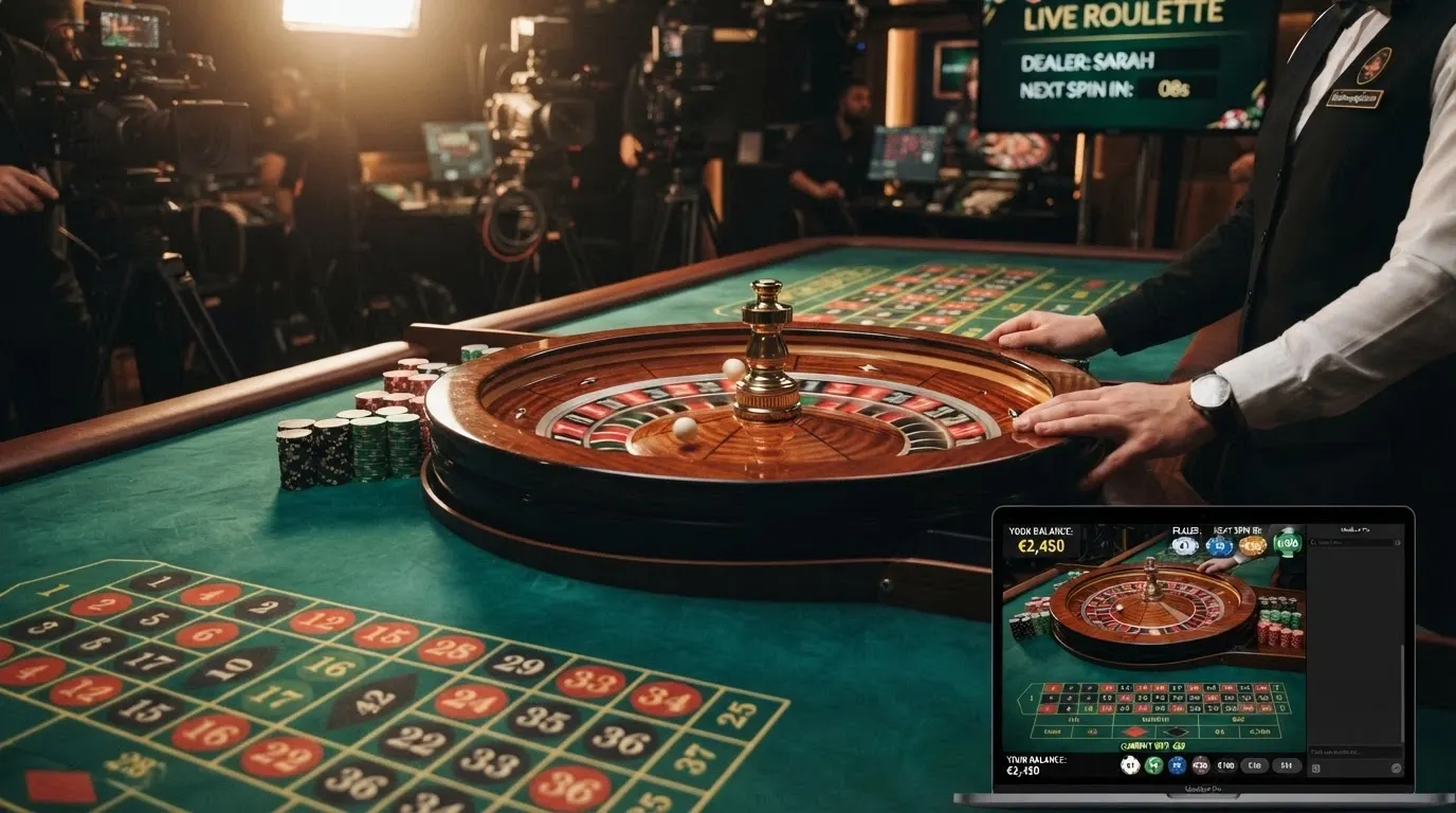 Mesa de ruleta en vivo con crupier real y la interfaz de apuestas de un casino cripto superpuesta
