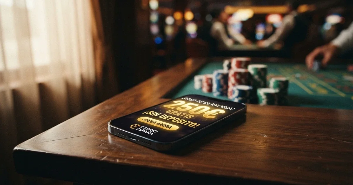 Pantalla de un casino online español mostrando una oferta de bono de bienvenida sin depósito con el importe destacado