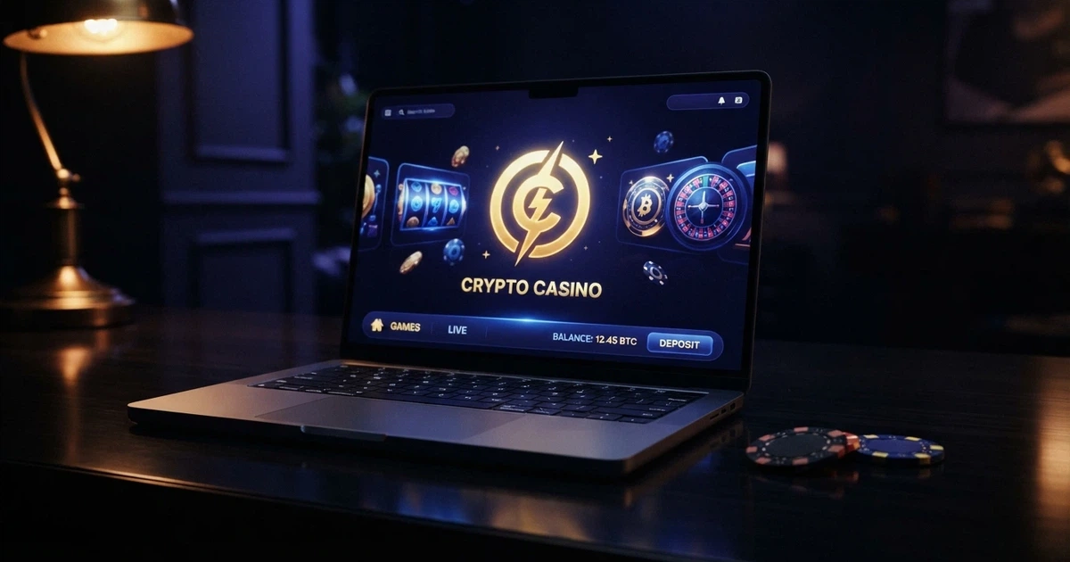 Pantalla de inicio de un casino de criptomonedas con interfaz oscura, fichas con el símbolo de Bitcoin y un panel de juego activo