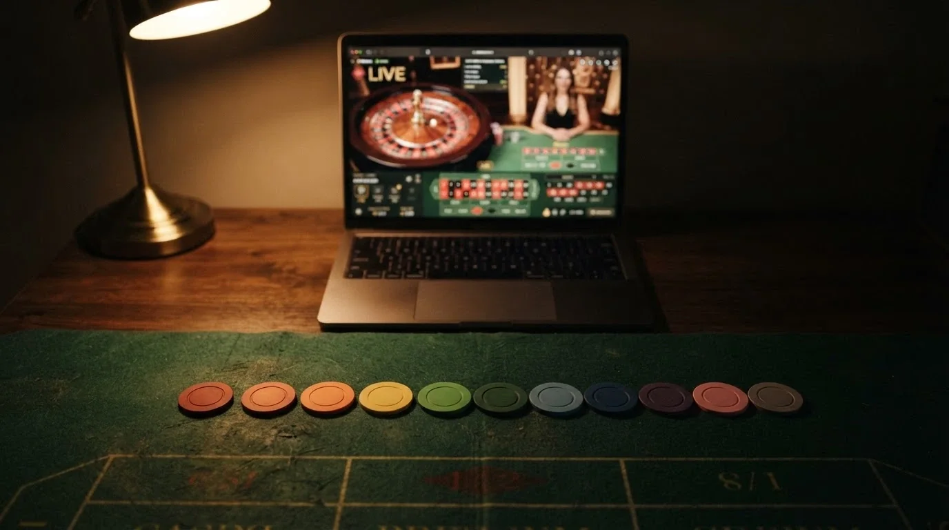 Mosaico con los logotipos de los operadores analizados ordenados, superpuesto sobre una mesa de casino en vivo