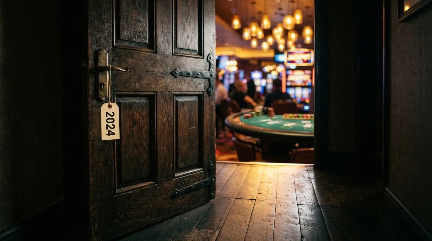 Puerta entreabierta con el logotipo ADA y una etiqueta del año en curso, dejando ver un vestíbulo de casino iluminado