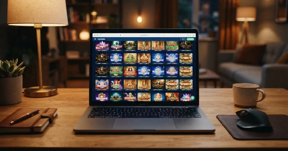 Interfaz de un navegador mostrando el vestíbulo de un casino online con miniaturas de tragaperras, sin ninguna ventana de descarga ni instalación visible