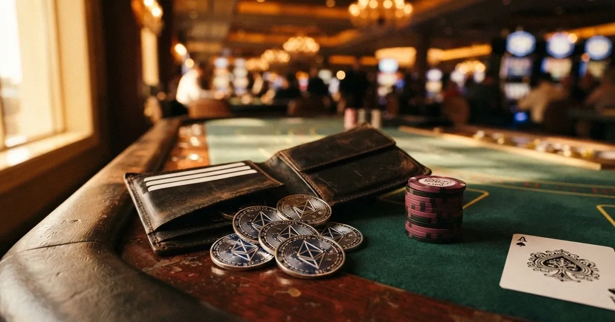 Cartera digital con monedas ADA sobre una mesa de casino virtual con fichas y cartas, en tonos azules y blancos de la identidad Cardano