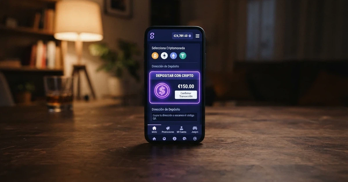 Pantalla de un casino online que muestra Solana como método de depósito entre criptomonedas, con la interfaz en español