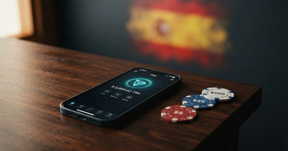 Cartera digital con el logo de TRON y fichas de casino en una pantalla de ordenador, sobre un fondo oscuro con el contraste de una bandera española difuminada