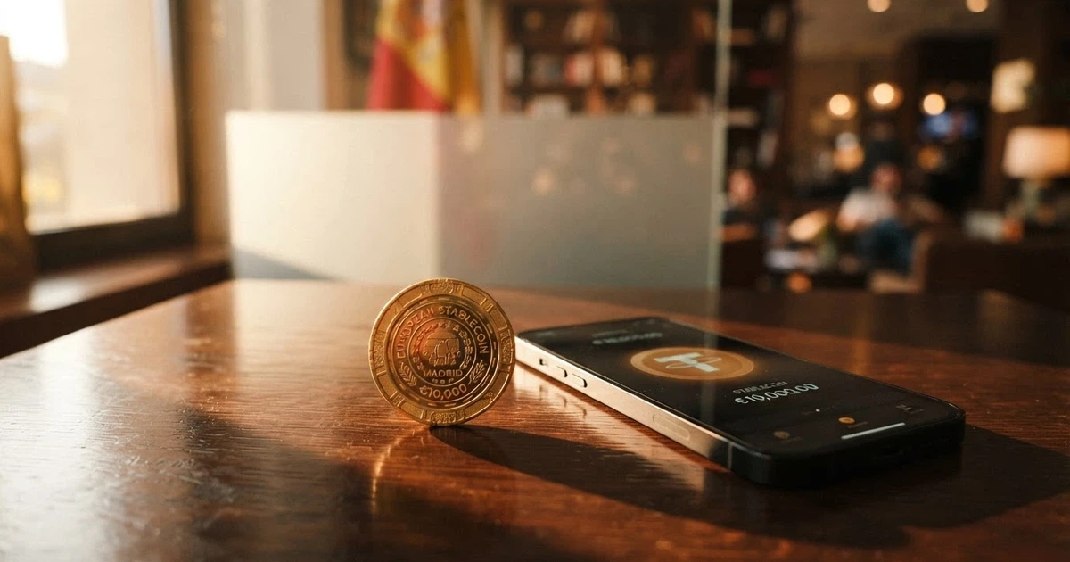 Moneda stablecoin USDC sobre un fondo de casino online con la bandera de España y el logotipo de Circle