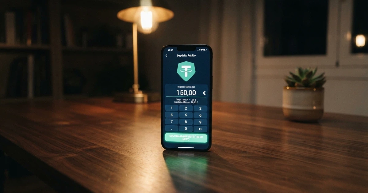 Un teléfono móvil mostrando la pantalla de depósito de un casino online con el logotipo de Tether (USDT) visible junto al campo de importe