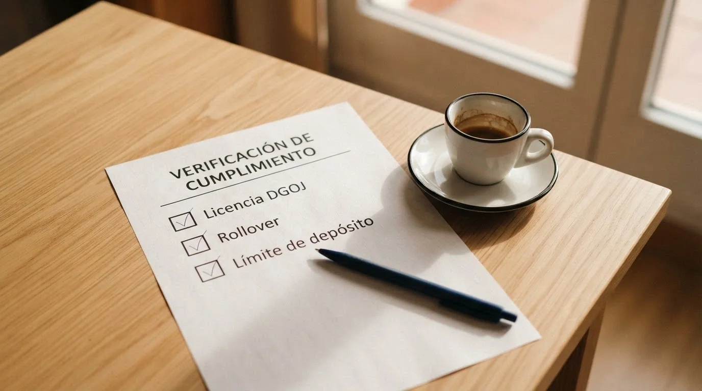 Una lista de verificación con tres casillas marcadas —Licencia DGOJ, Rollover, Límite de depósito— sobre el escritorio de un jugador junto a un café