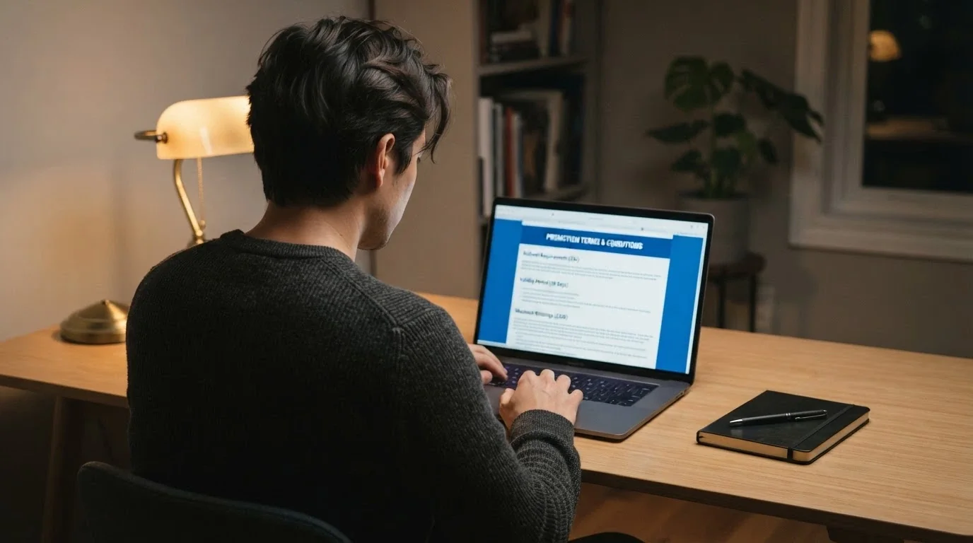 Jugador revisando los términos de un código promocional en la pantalla de un ordenador portátil