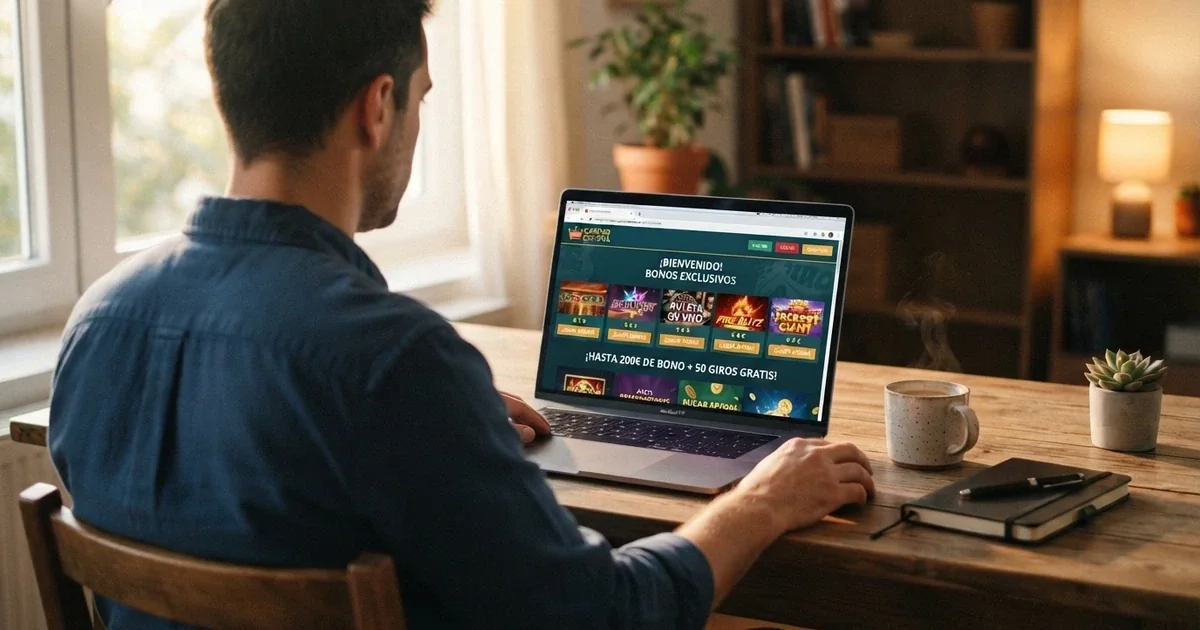Un jugador consultando la pantalla de promociones de un casino online español en un ordenador portátil, con el candado de seguridad y el dominio .es visibles en la barra de direcciones