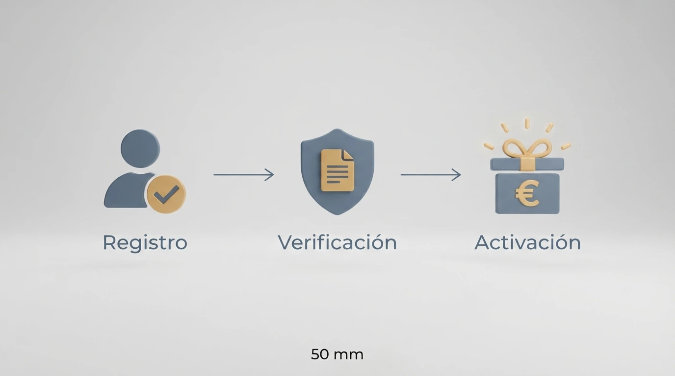 Infografía con los pasos para reclamar un bono de bienvenida sin depósito: registro, verificación y activación