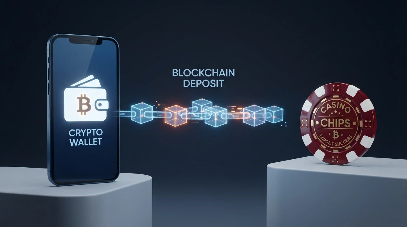 Infografía simplificada del recorrido de un depósito en cripto: wallet del jugador, blockchain, saldo de casino y retiro