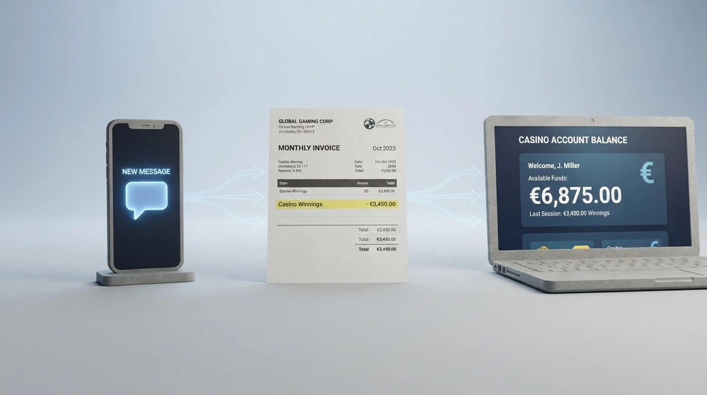 Infografía de tres pasos: un móvil enviando un mensaje, una factura telefónica con el cargo resaltado y el saldo reflejado en la cuenta del casino