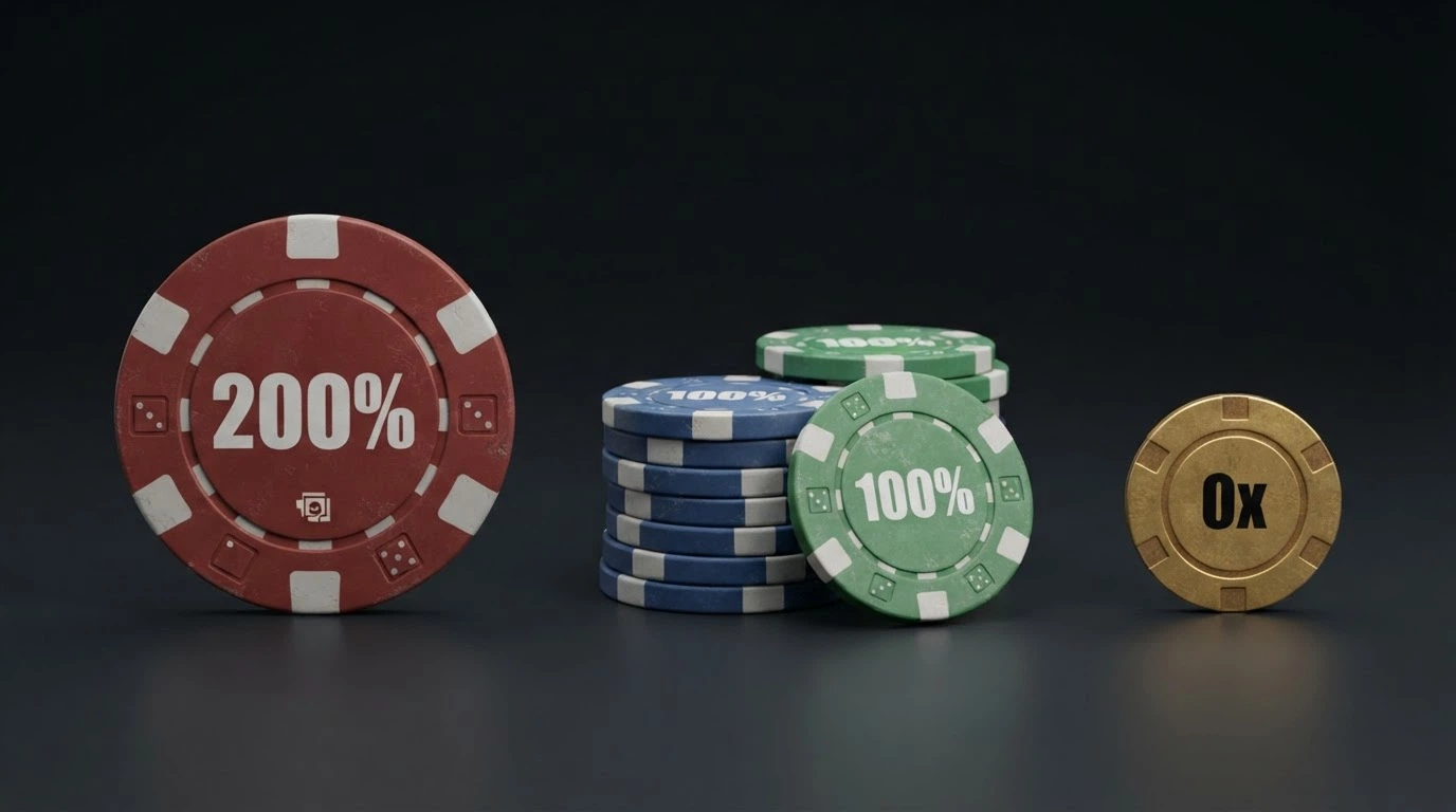 Tres columnas comparativas con fichas de casino alineadas: a la izquierda una ficha grande etiquetada «200%», en el centro varias medianas con «100%» y a la derecha una ficha pequeña con «0x rollover»