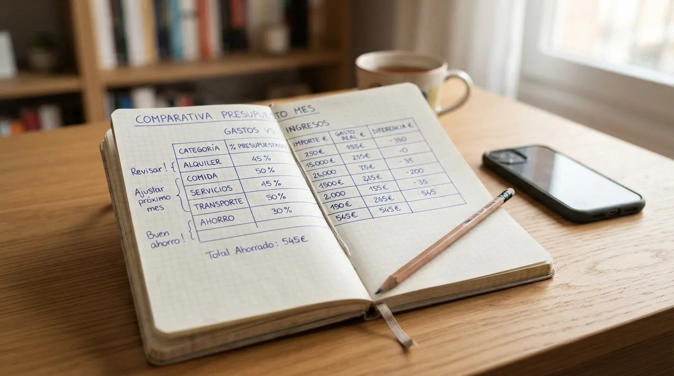 Primer plano de una tabla comparativa impresa sobre una libreta, con columnas de cifras, porcentajes y anotaciones a mano en los márgenes