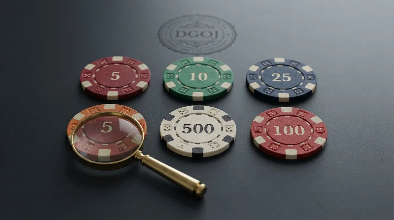 Una cuadrícula con fichas de casino representando a varios operadores legales, ordenadas visualmente con distintos colores y una lupa sobre la que dice DGOJ