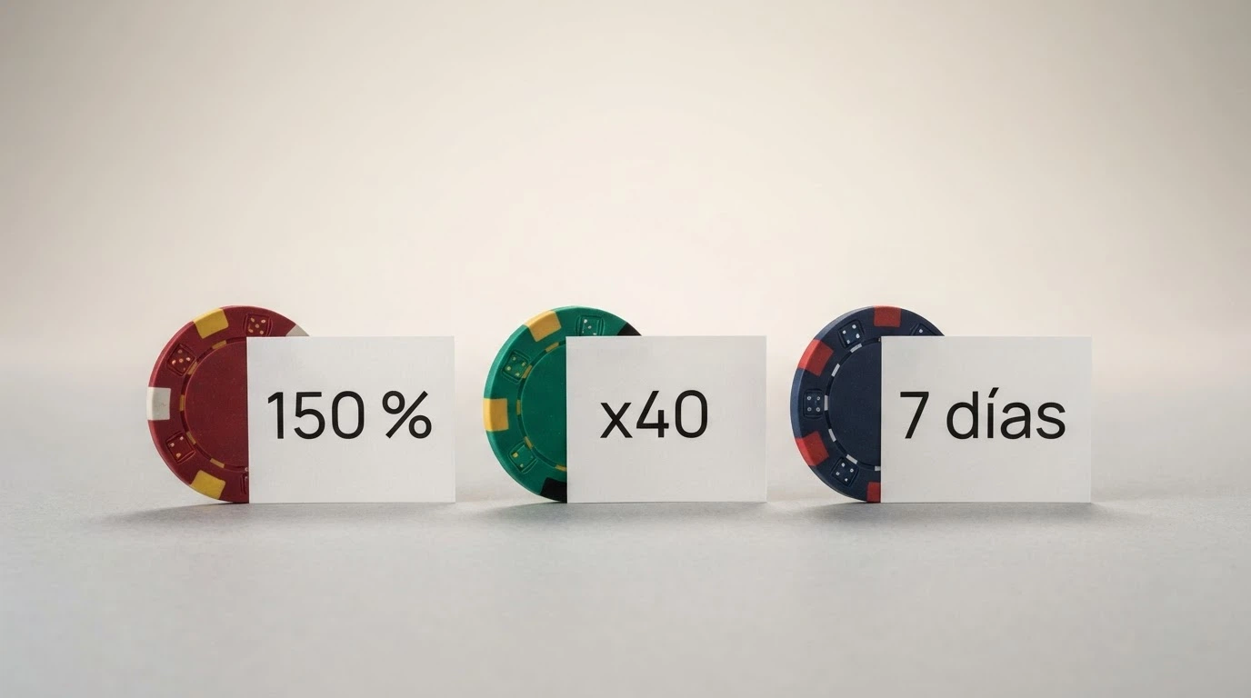 Varias fichas de casino alineadas con etiquetas de porcentaje de bono, rollover y días de validez sobre un fondo de pantalla de comparativa