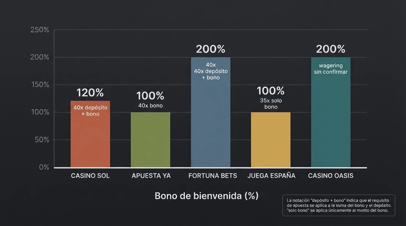 Gráfico de barras comparando los porcentajes de bono de bienvenida de los principales casinos con Dogecoin, con el requisito de apuesta anotado debajo de cada barra