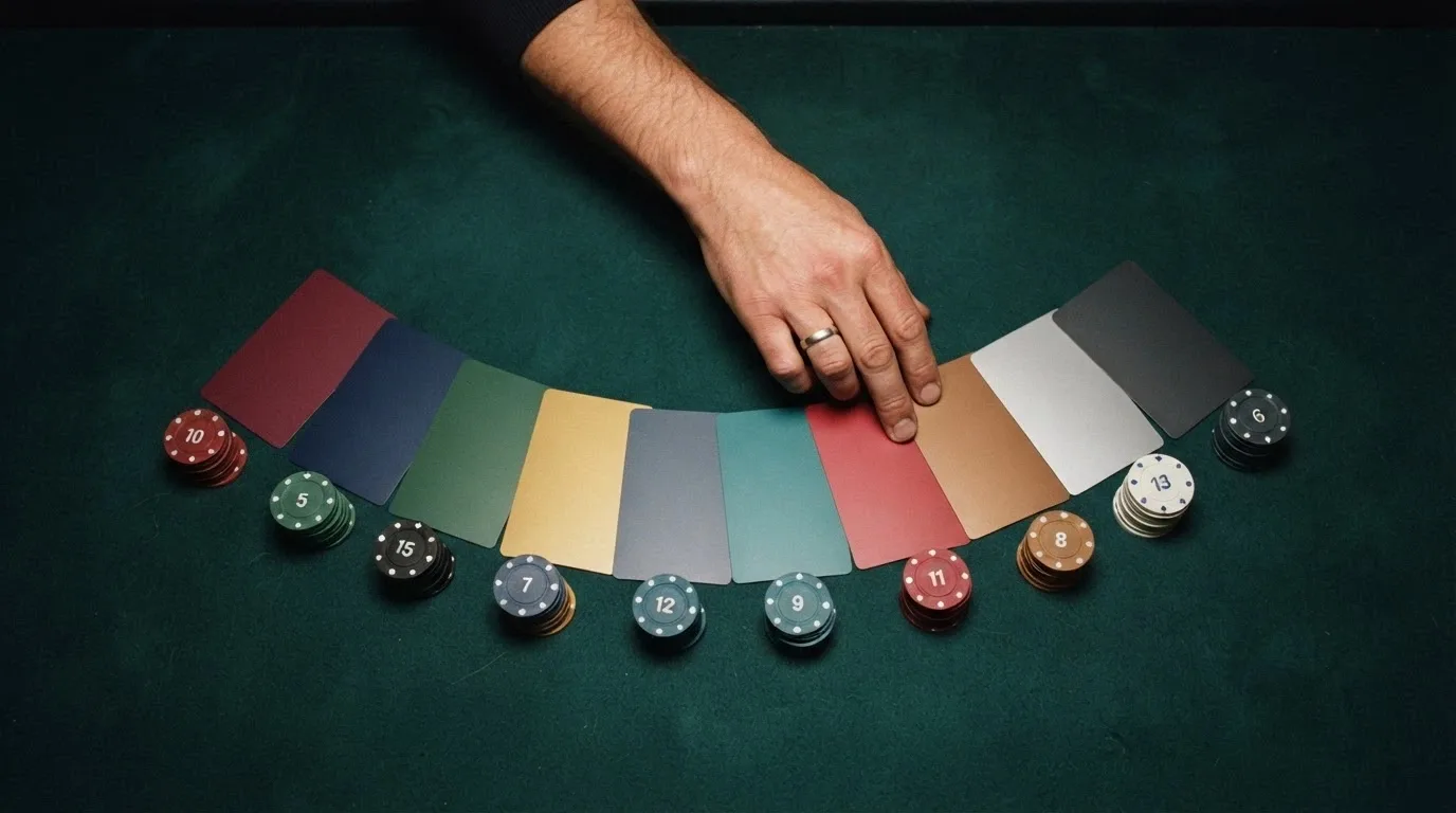 Diez tarjetas ordenadas en una mesa de casino, cada una con el logo de un operador distinto, fichas de colores indicando el valor del bono
