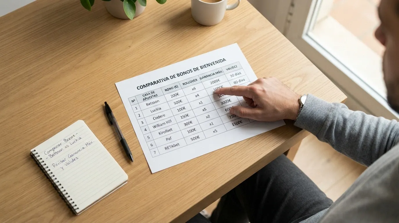 Vista parcial de una tabla comparativa con los operadores, importes y condiciones de sus bonos sin depósito