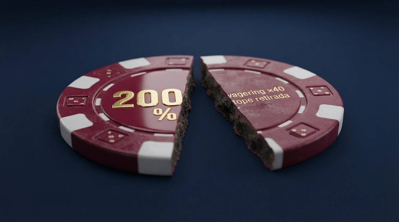 Primer plano de una ficha de póker partida por la mitad: un lado brilla con «200 %» y el otro revela texto pequeño con términos de wagering y topes de retirada