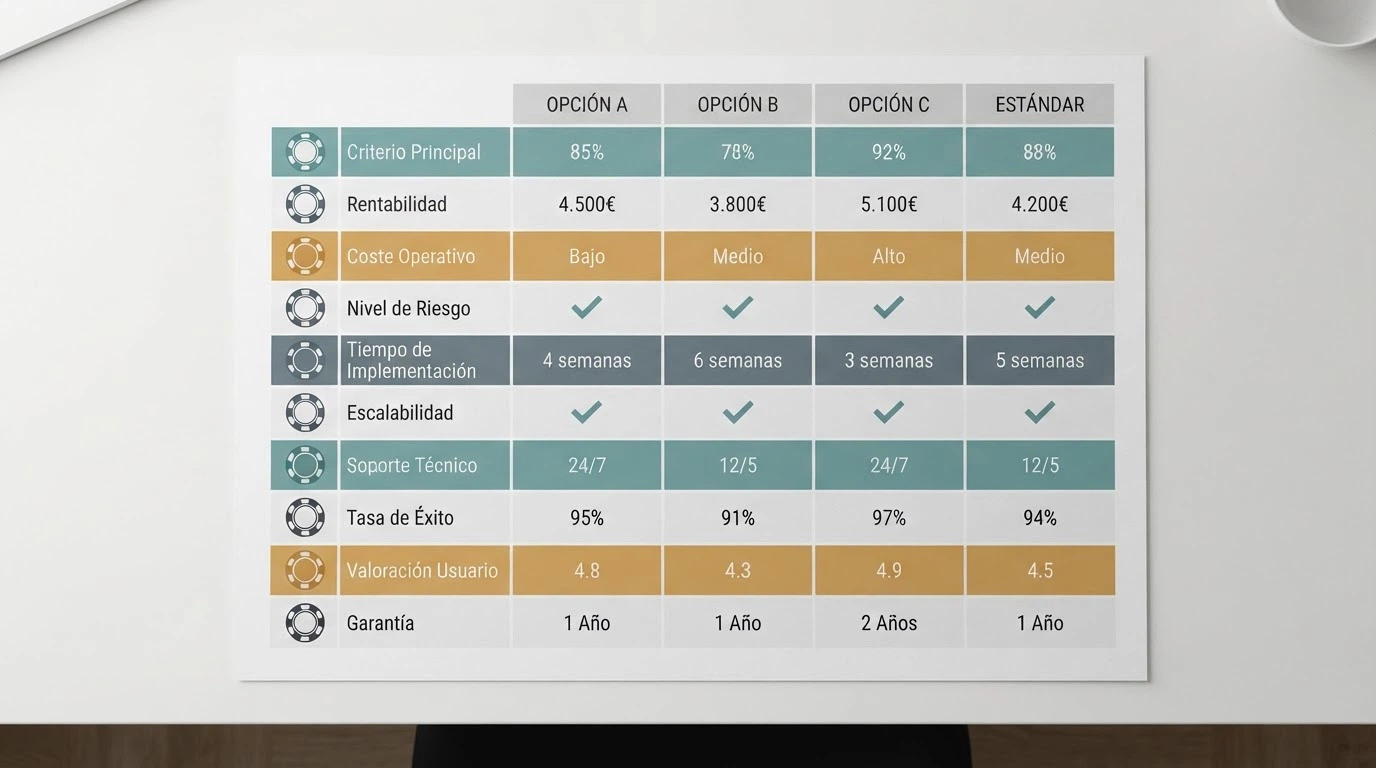 Tabla comparativa con los logotipos de diez casinos online junto a sus condiciones de bono, depósito mínimo y licencia