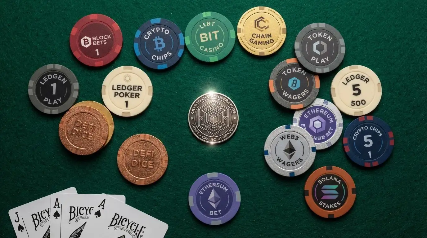 Pantalla dividida con las fichas de diez casinos online mostrando su logotipo, puntuación en estrellas y el símbolo ADA en la esquina