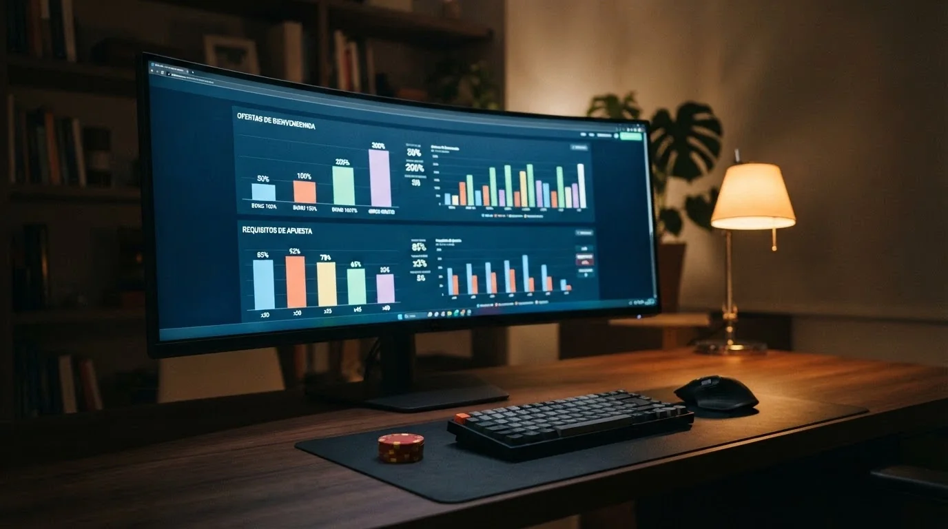 Interfaz de una tabla comparativa con filas de operadores, columnas de bono y requisito de apuesta, sobre un fondo que evoca una pantalla de trading