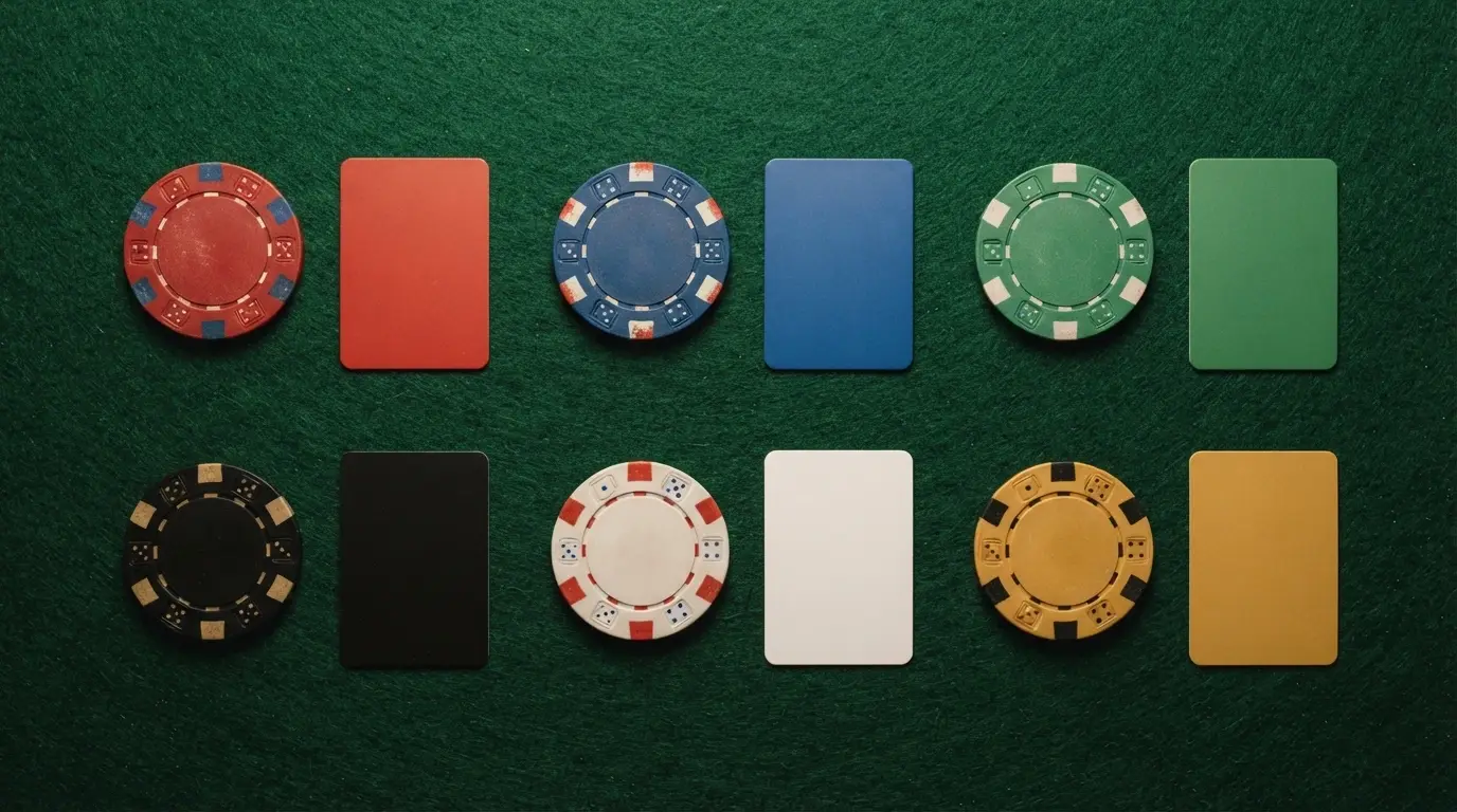 Vista cenital de varias fichas de casinos online españoles ordenadas con distintivos de licencia DGOJ y valoraciones
