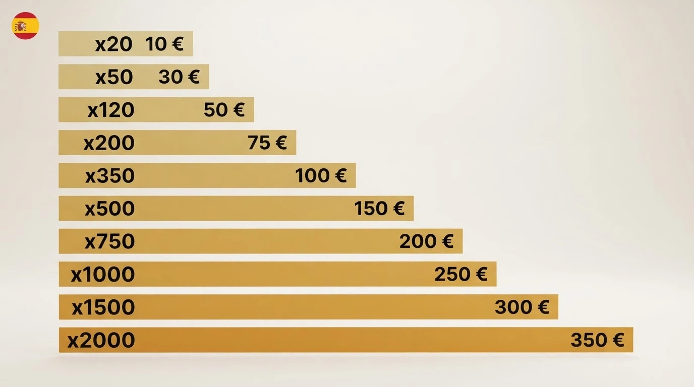 Una tabla comparativa con filas de logotipos de casinos y columnas con cifras de bono, rollover y plazo, sobre un fondo limpio con la bandera de España en marca de agua