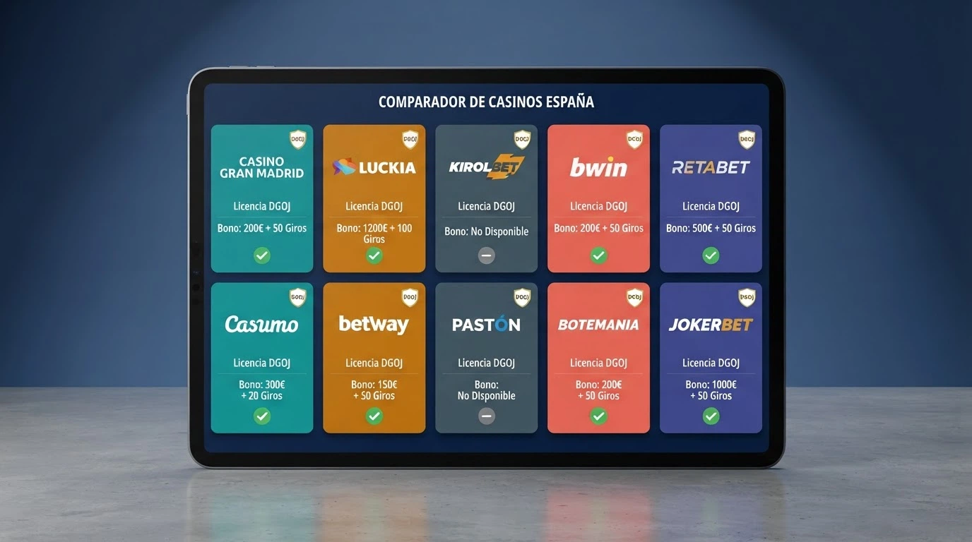 Pantalla dividida mostrando las fichas de varios casinos online españoles ordenados en una cuadrícula comparativa con distintivos de licencia DGOJ