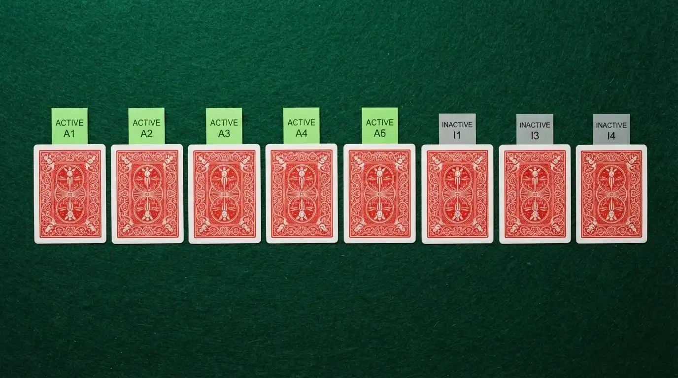 Una fila de diez cartas de casino boca arriba, seis con una etiqueta verde de «sin depósito» y cuatro con una etiqueta gris de «con condiciones»