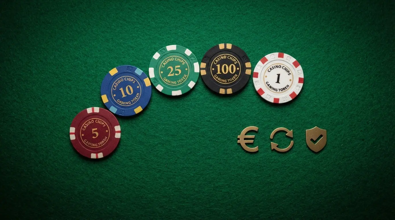 Varias fichas de casino con los logotipos de los operadores analizados ordenadas sobre una mesa, junto a iconos que representan bono sin depósito, tiradas gratis y licencia DGOJ