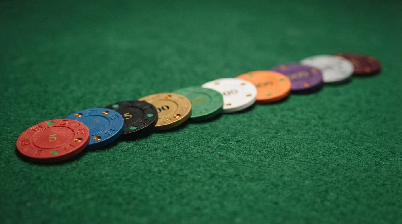 Diez fichas de casino alineadas sobre un tapete verde, cada una con el logo de un operador DGOJ y un código de colores que indica si ofrece tiradas sin depósito o con depósito