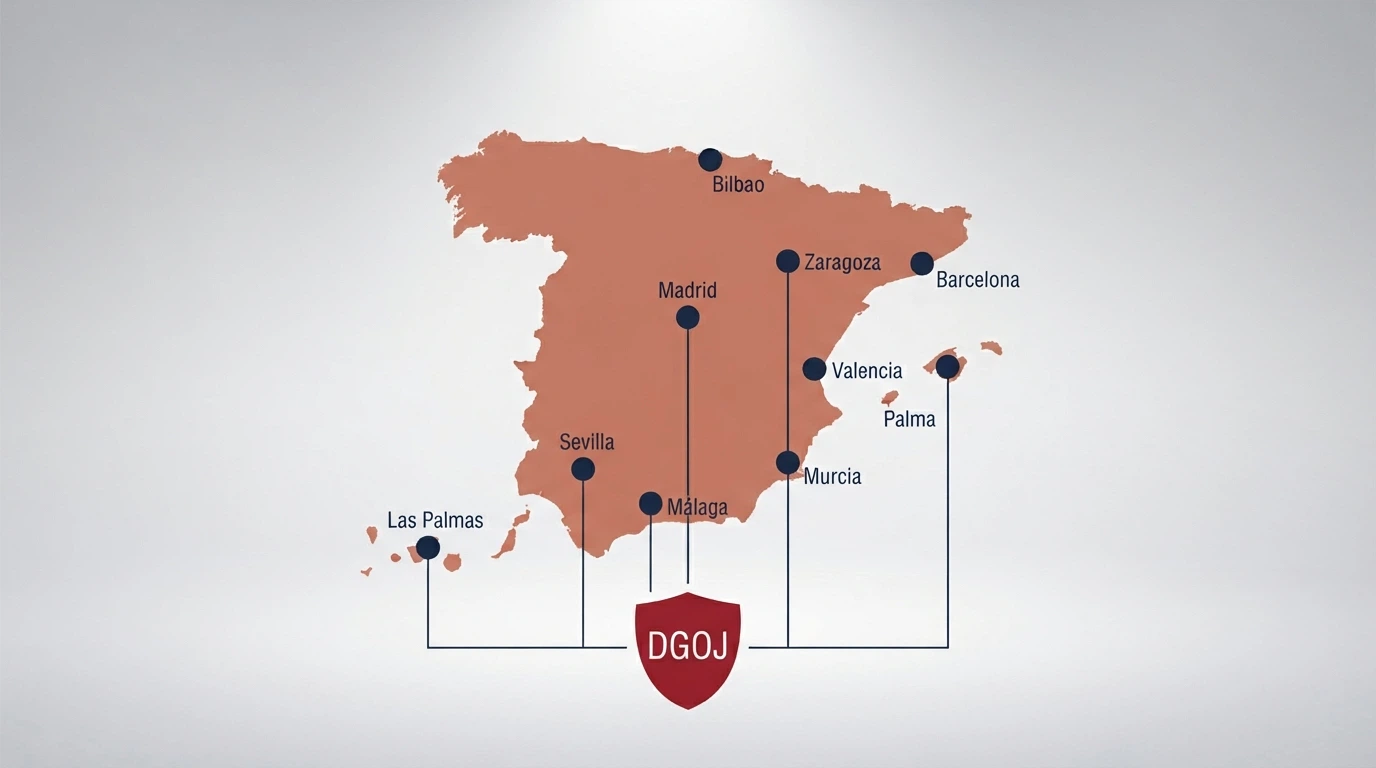 Composición con los logotipos de los diez operadores destacados dispuestos sobre un mapa de España estilizado con la DGOJ como punto central