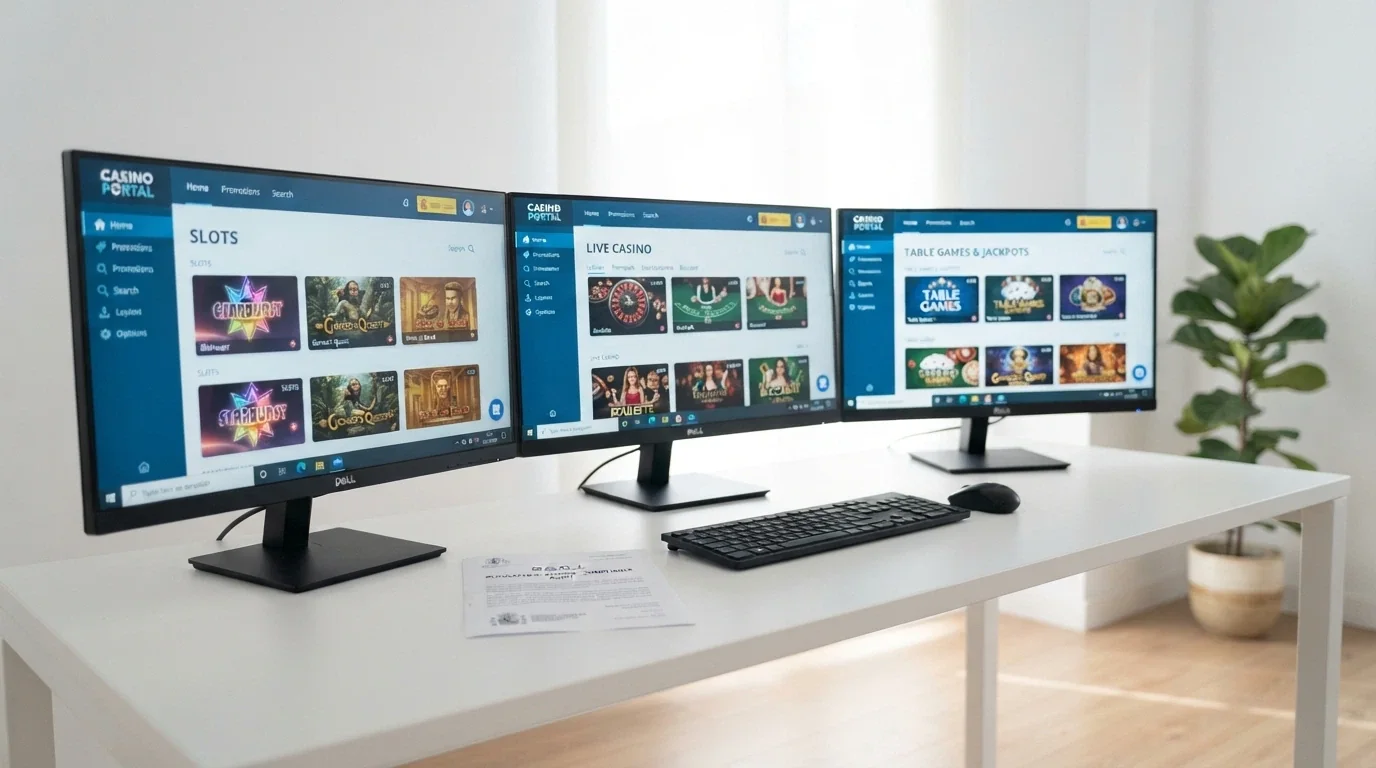 Varias pantallas de inicio de casinos online españoles legales con sus licencias DGOJ visibles en el pie de página