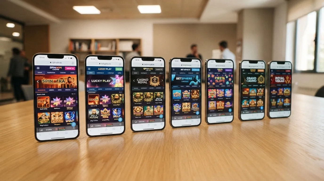 Varios teléfonos móviles alineados sobre una mesa, cada uno mostrando la pantalla de inicio de un casino diferente con el dominio .es visible en la barra de direcciones