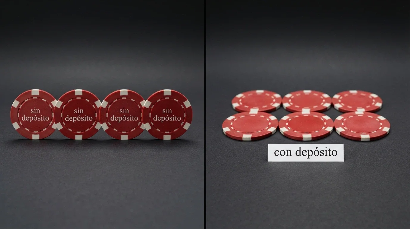 Pantalla dividida en dos columnas: a la izquierda, cuatro fichas de casino con el texto «sin depósito»; a la derecha, seis fichas giradas boca abajo con el texto «con depósito»
