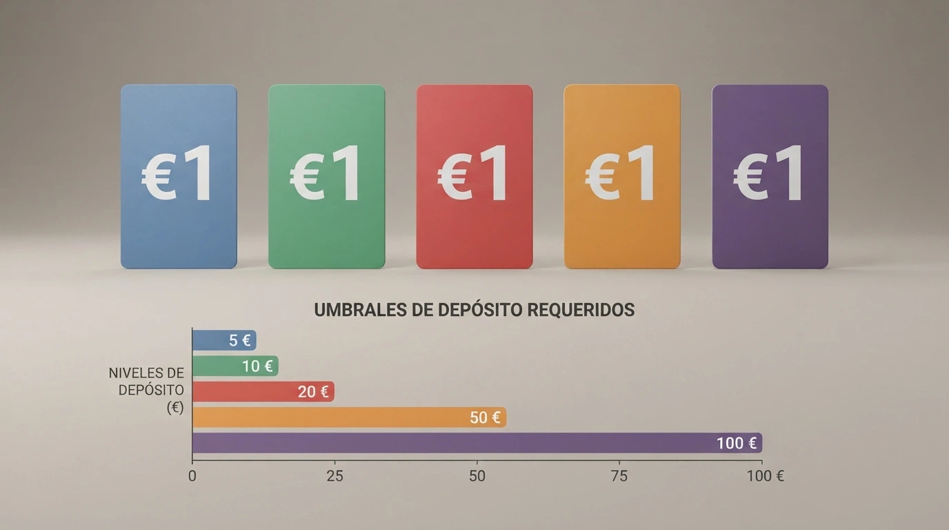 Una tabla visual con los logos de Betway, Luckia, Casino Gran Madrid, Codere y Sportium alineados junto a los importes de depósito mínimo de cada uno