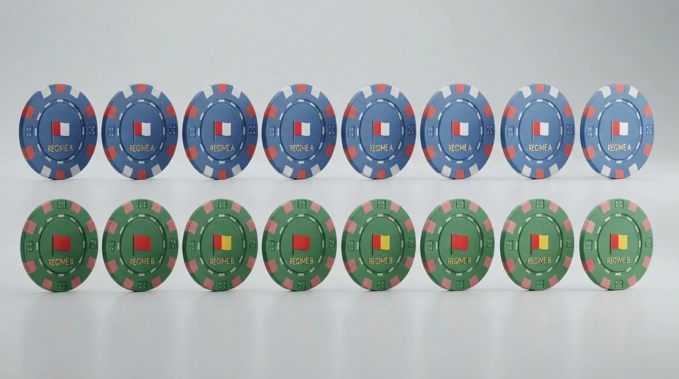 Una cuadrícula visual con fichas de casino alineadas, cada una con la bandera de Gibraltar o de España, representando la doble realidad de licencias