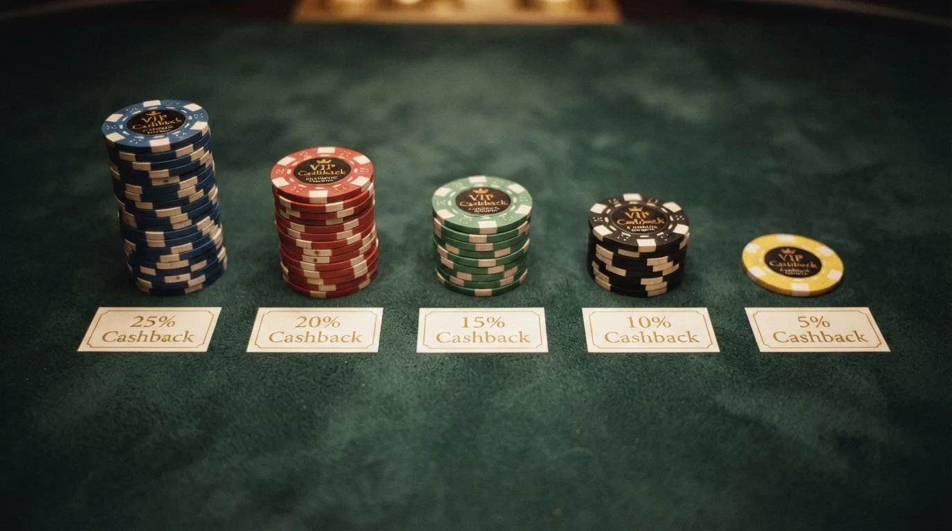 Varias fichas de casino con los logos de los operadores DGOJ revisados, ordenadas de mayor a menor porcentaje de reembolso visible