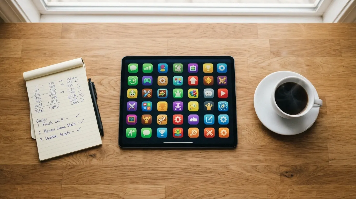 Una vista cenital de una mesa de trabajo con una tableta, un bloc de notas manuscrito con cifras y un café al lado; en la pantalla de la tableta se vislumbra una cuadrícula con iconos de casinos