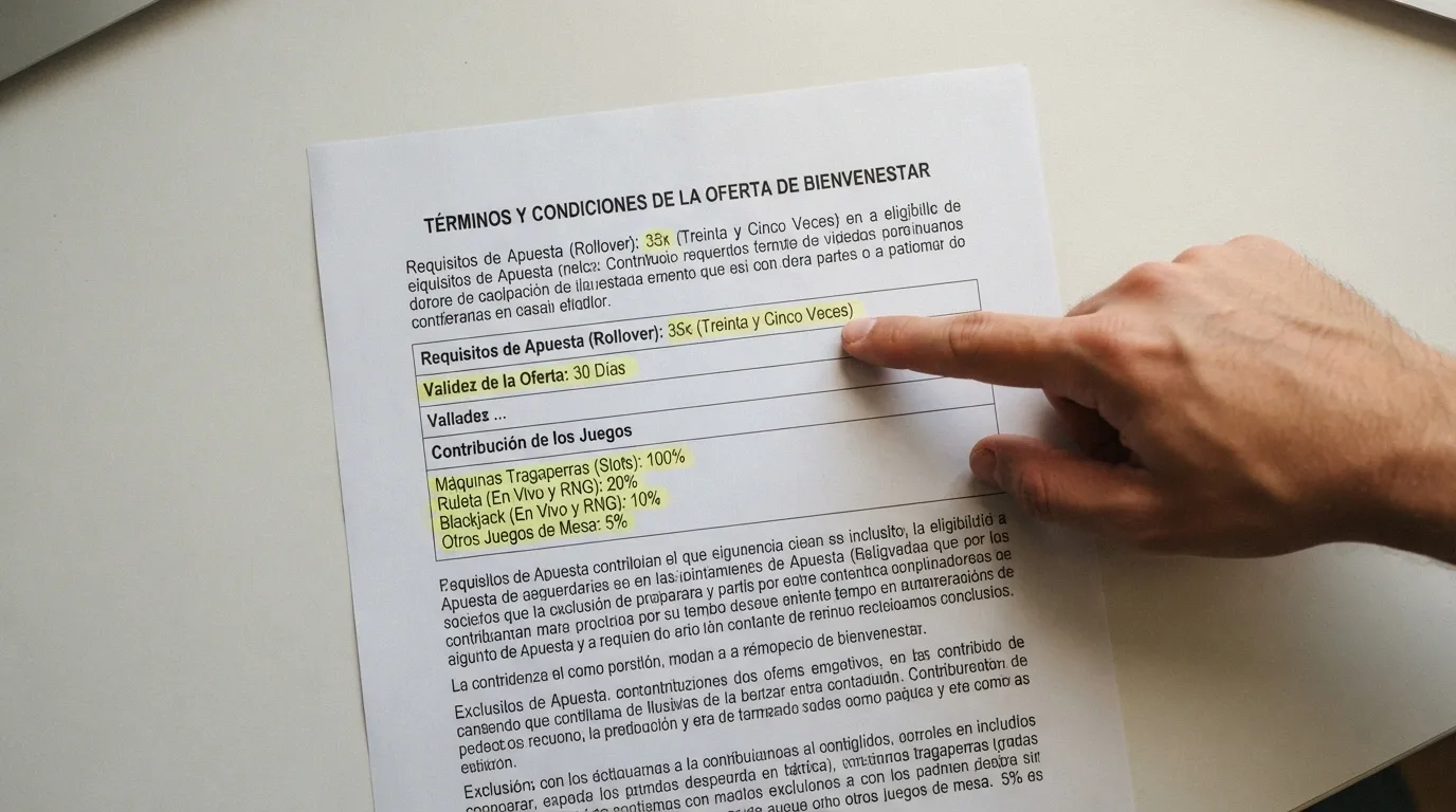 Primer plano de la sección de términos y condiciones de un bono de casino online con las cifras de rollover, caducidad y contribución por juego resaltadas